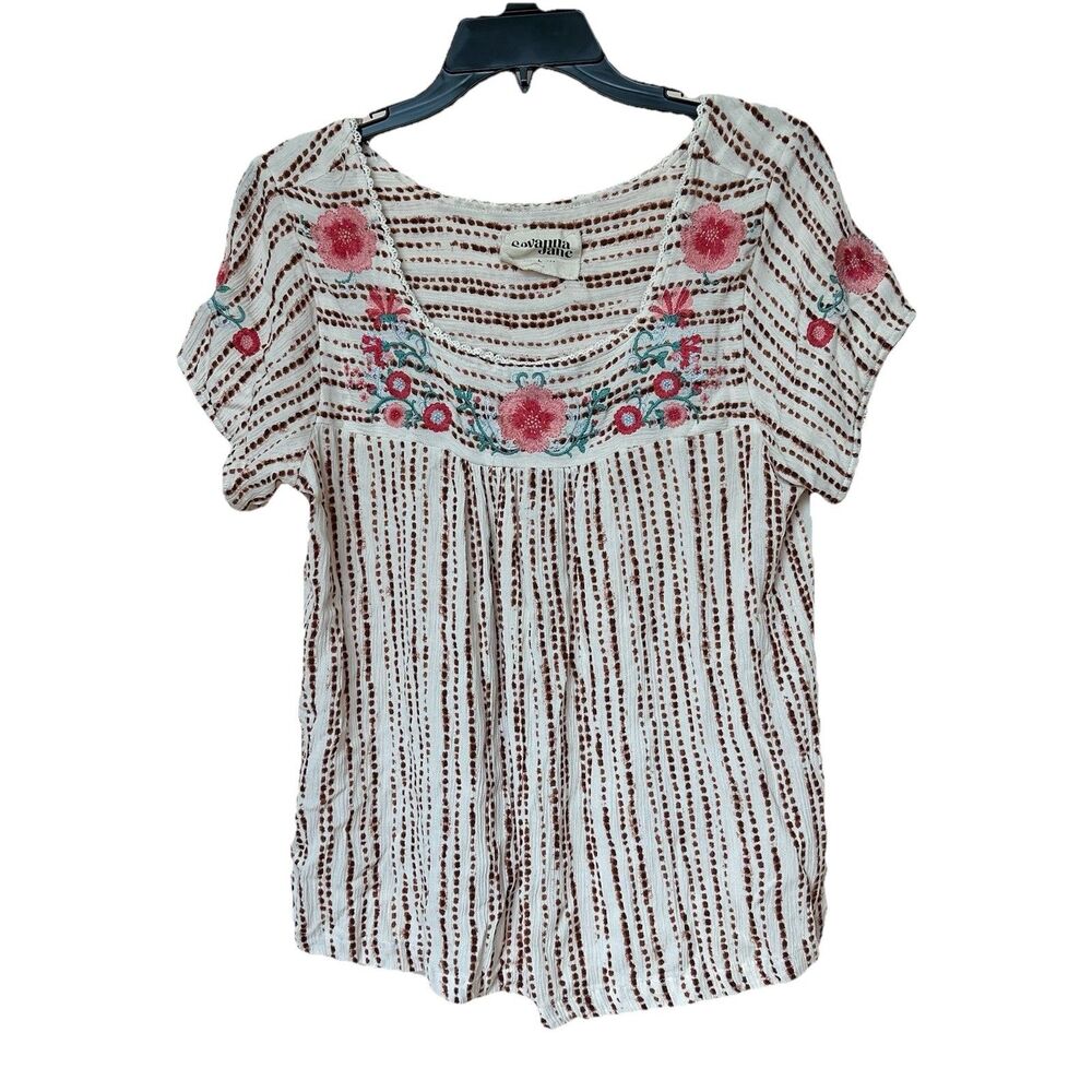 Savanna Jane Top Women's Med Embroidered Floral Square Neck Short Sleeve Cottage
